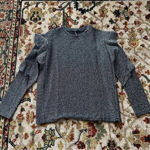 Scotch and Soda Black and Silver Metallic Sparkle Long Sleeve Ruffle Top SZ S
